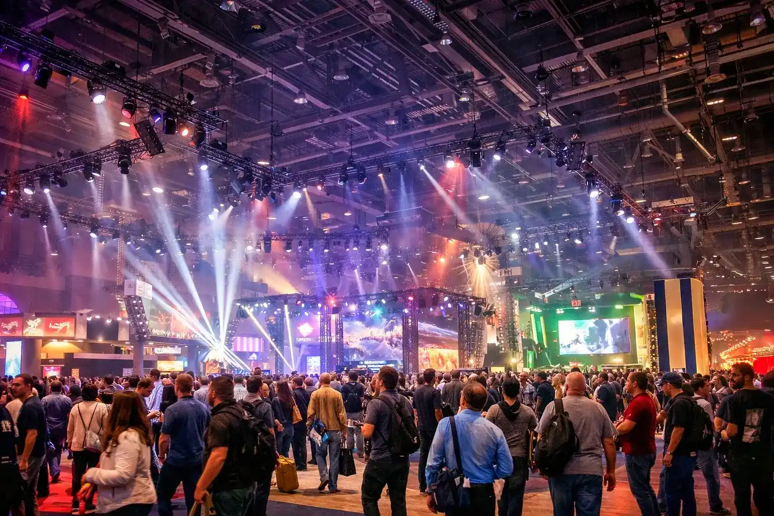 A crowded exhibition hall at a trade show in Las Vegas, with large LED screens, colorful stage lighting, and beams of light illuminating a busy audience walking through the venue.